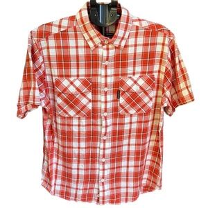 Harley Davidson Men's ButtonUp Orange Plaid Short Sleeve Shirt Size L, Cotton